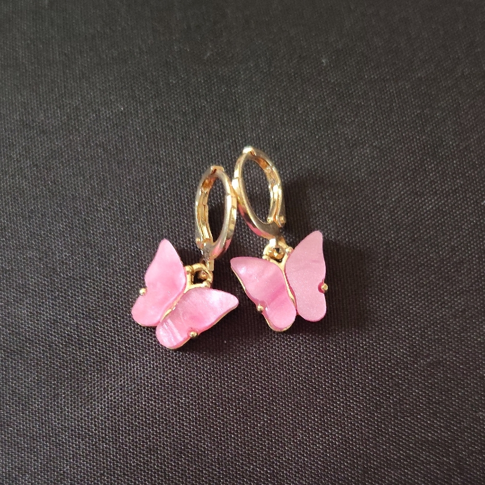 Gold and Pink Butterfly Earrings - Picture 1 of 2